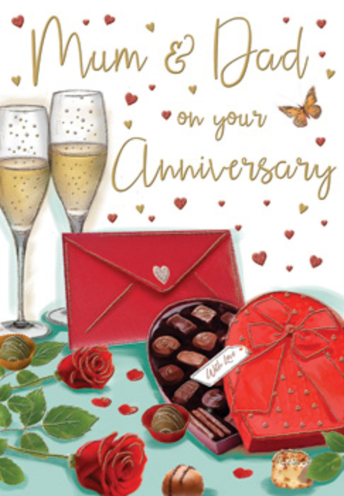 In this richly detailed anniversary card artwork, the scene is composed with the same care a Plaistow florist might put into a bespoke bouquet for long-married parents. The eye travels first to the vivid red roses laid gently across the table, each bloom illustrated with curled, velvety petals and touches of shadow that give them almost tangible depth, framed by fresh, leafy greenery. Close by, a heart-shaped box of chocolates sits partially open, its sturdy sides and satin-finished red bow rendered with a sense of weight and luxury. Inside, carefully drawn chocolates nestle in their compartments, some glistening dark, others a softer milk tone, inviting the thought of being savoured slowly after an anniversary meal at home. Two elegant champagne flutes rise just behind, their tall, slender stems and clear bowls filled with golden sparkling wine, bubbles suspended mid-rise as though caught in the moment before a toast. Around this romantic still life, small gold and crimson hearts sweep softly across a pale background, framing hand-lettered words addressed to "Mum & Dad" or another cherished pair. A rich red envelope, sealed and perfectly aligned in the foreground, suggests a personal message, perhaps penned at a kitchen table overlooking the quiet streets near Plaistow Park. The lighting in the illustration is warm and gentle, casting soft glows and subtle highlights across glass, ribbon, and petals, creating an atmosphere of relaxed celebration. It feels like a snapshot of an intimate family anniversary, the kind of scene often echoed in local homes when customers from Plaistow, Canning Town, or nearby Stratford collect roses and chocolates to honour a lifetime of love.